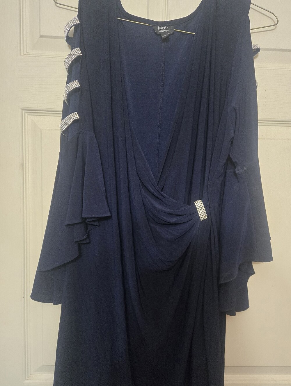Mossimo Supply Co. Navy Long Sleeve Draped Evening Dress with Rhinestone Accents
